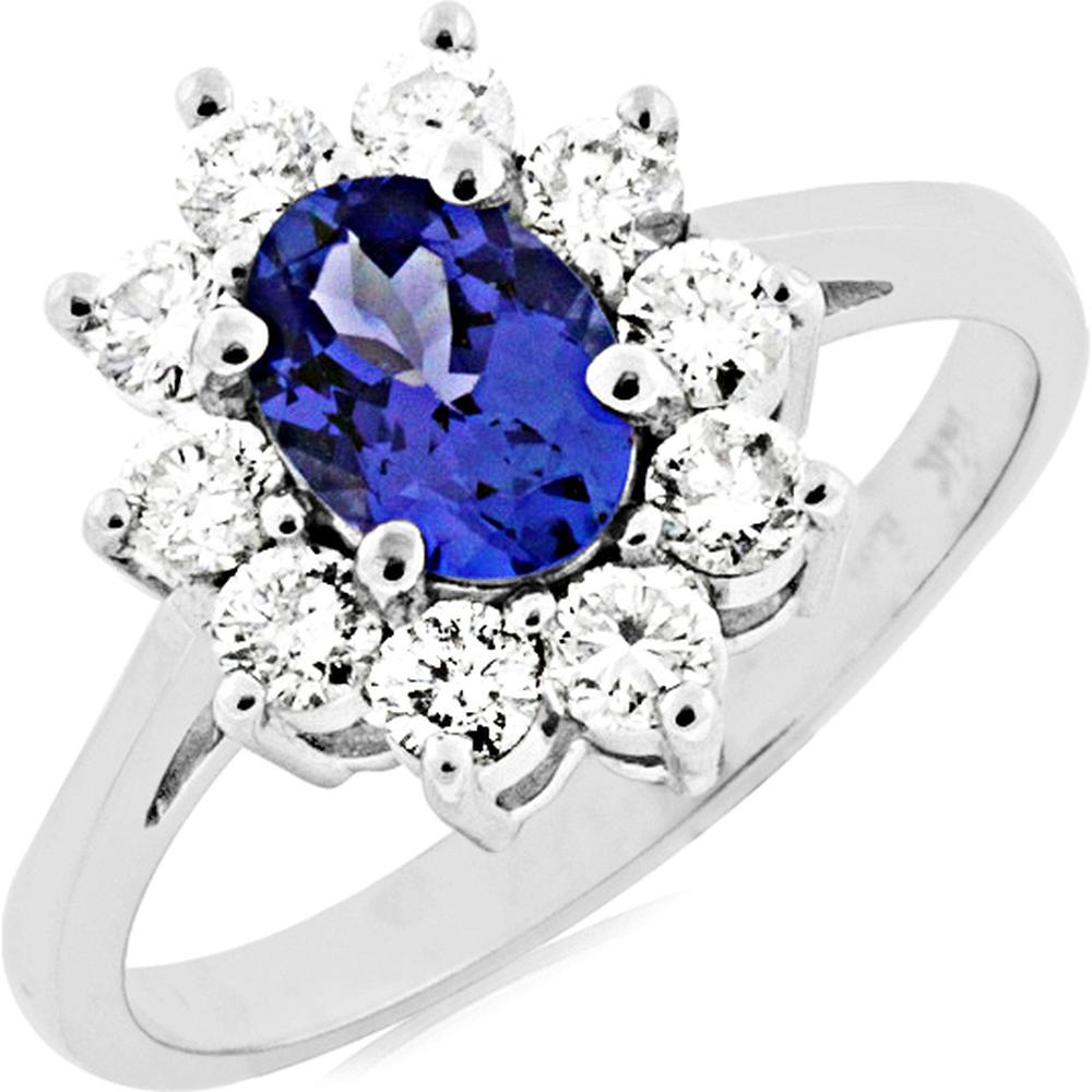 14K White Gold Oval Tanzanite & Round Diamond Halo Ring - 0.95 Carat Tanzanite and 0.75 Carat Total Diamond Weight - Royal Jewelry