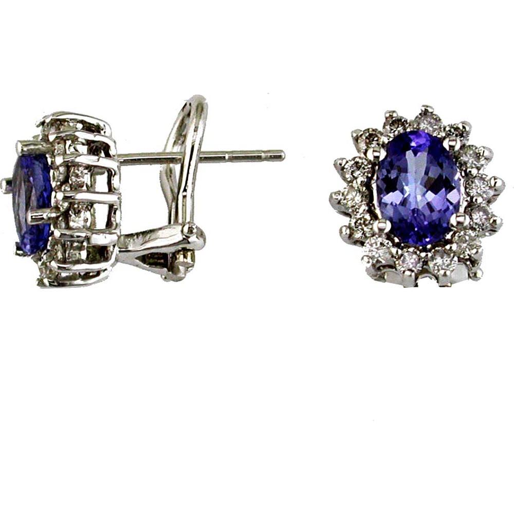 14K White Gold Oval Tanzanite and Round Diamond Halo Stud Earrings - 1.60 Carat Total Tanzanite Weight and 0.60 Carat Total Diamond Weight - Royal Jewelry