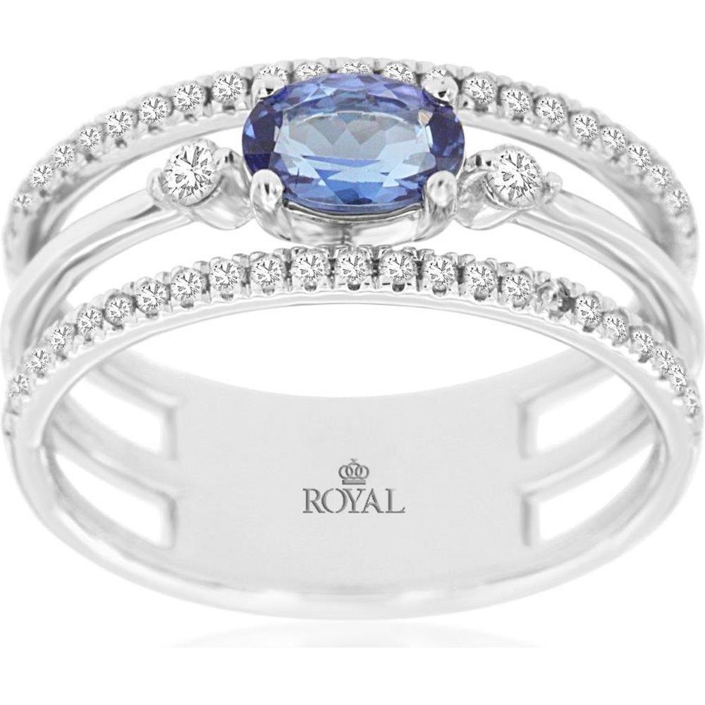 14K White Gold Oval Tanzanite and Round Diamond Split Shank Ring - 0.50 Carat Tanzanite and 0.33 Carat Total Diamond Weight - Royal Jewelry