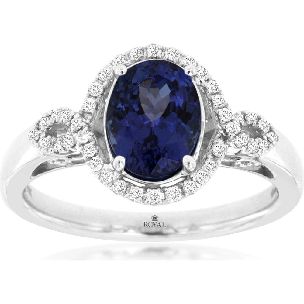 14K White Gold Oval Tanzanite Halo Ring with Diamond Accents - 1.30 Carat Tanzanite and 0.16 Carat Total Diamond Weight - Royal Jewelry