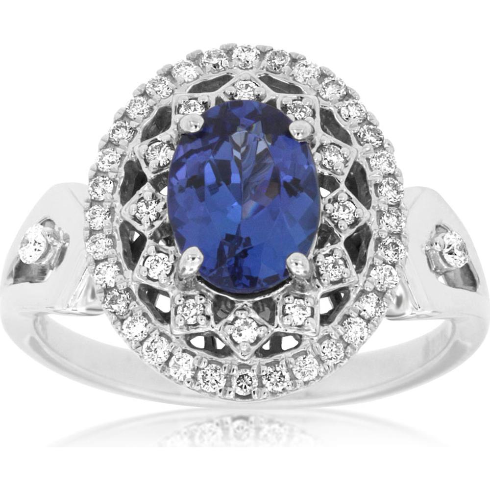 14K White Gold Oval Tanzanite Halo Ring with Diamond Accents - 1.30 Carat Tanzanite and 0.30 Carat Total Diamond Weight - Royal Jewelry