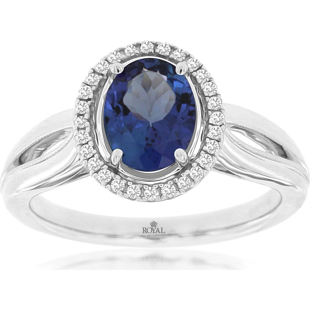 14K White Gold Oval Tanzanite Halo Ring with Round Diamonds - 1.30 Carat Tanzanite & 0.10 Carat Total Diamond Weight - Royal Jewelry