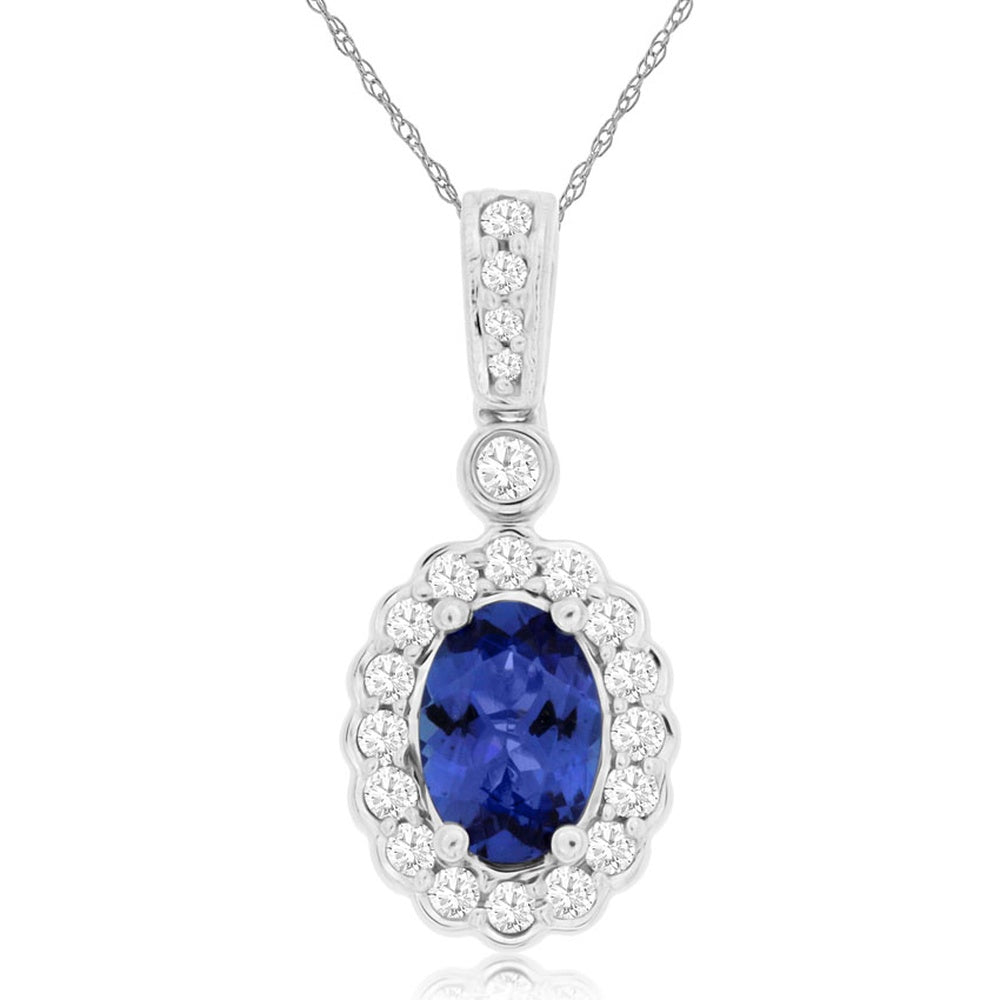 14K White Gold Oval Tanzanite Pendant Necklace with Scalloped Diamond Halo - 0.84 Carat Tanzanite and 0.25 Carat Total Diamond Weight - Royal Jewelry