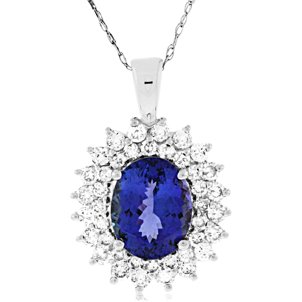 14K White Gold Oval Tanzanite Pendant with Diamond Sunburst Halo - 2.90 Carat Tanzanite and 1.00 Carat Total Diamond Weight - Royal Jewelry