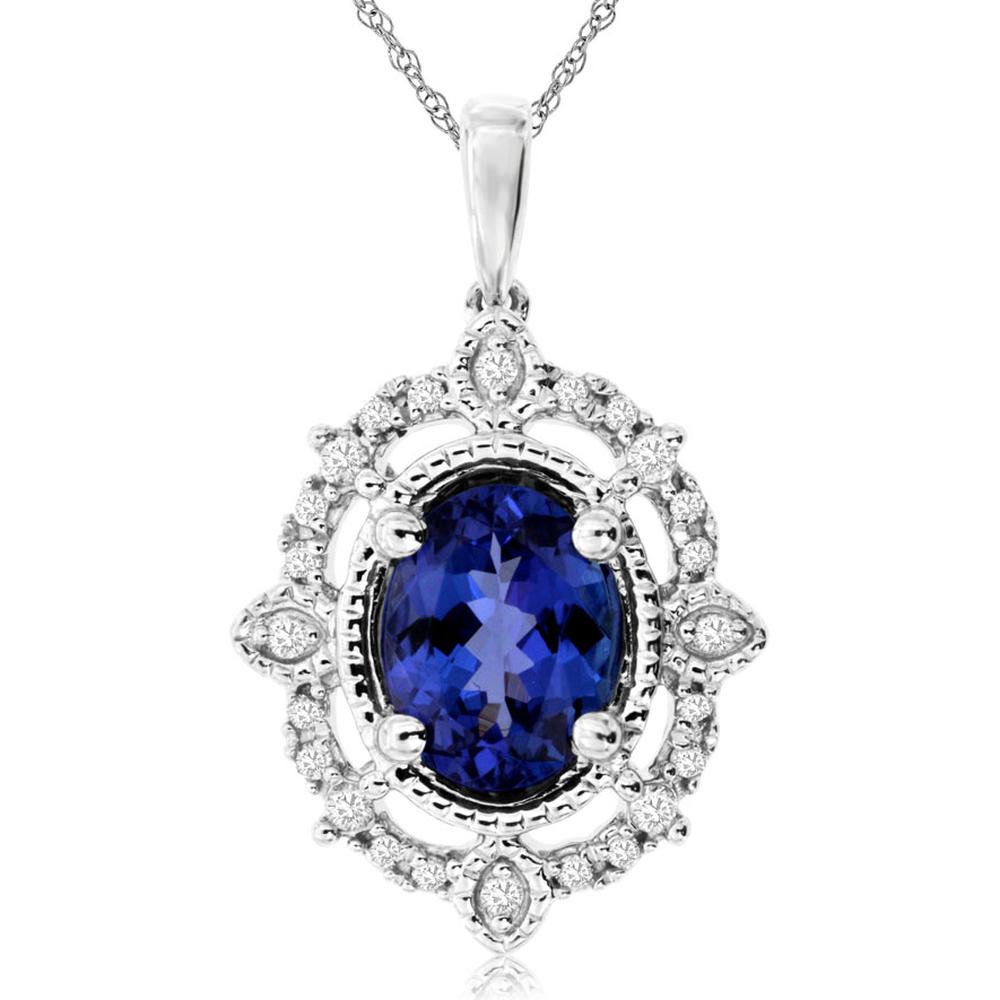 14K White Gold Oval Tanzanite Pendant with Round Diamond Halo - 1.30 Carat Tanzanite and 0.12 Carat Diamond Total Weight - Royal Jewelry