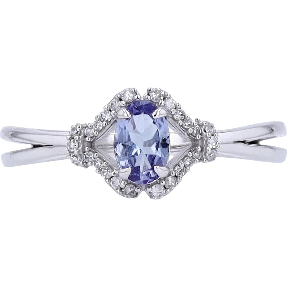 14K White Gold Oval Tanzanite Ring with Diamond Halo and Split Shank - 0.10 Carats Total Diamond Weight