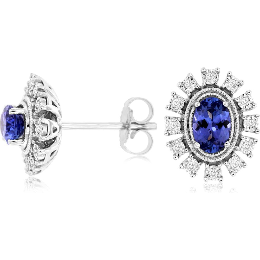 14K White Gold Oval Tanzanite Stud Earrings with Diamond Halo Accents - 1.00 Carat Total Tanzanite Weight & 0.10 Carat Total Diamond Weight - Royal Jewelry