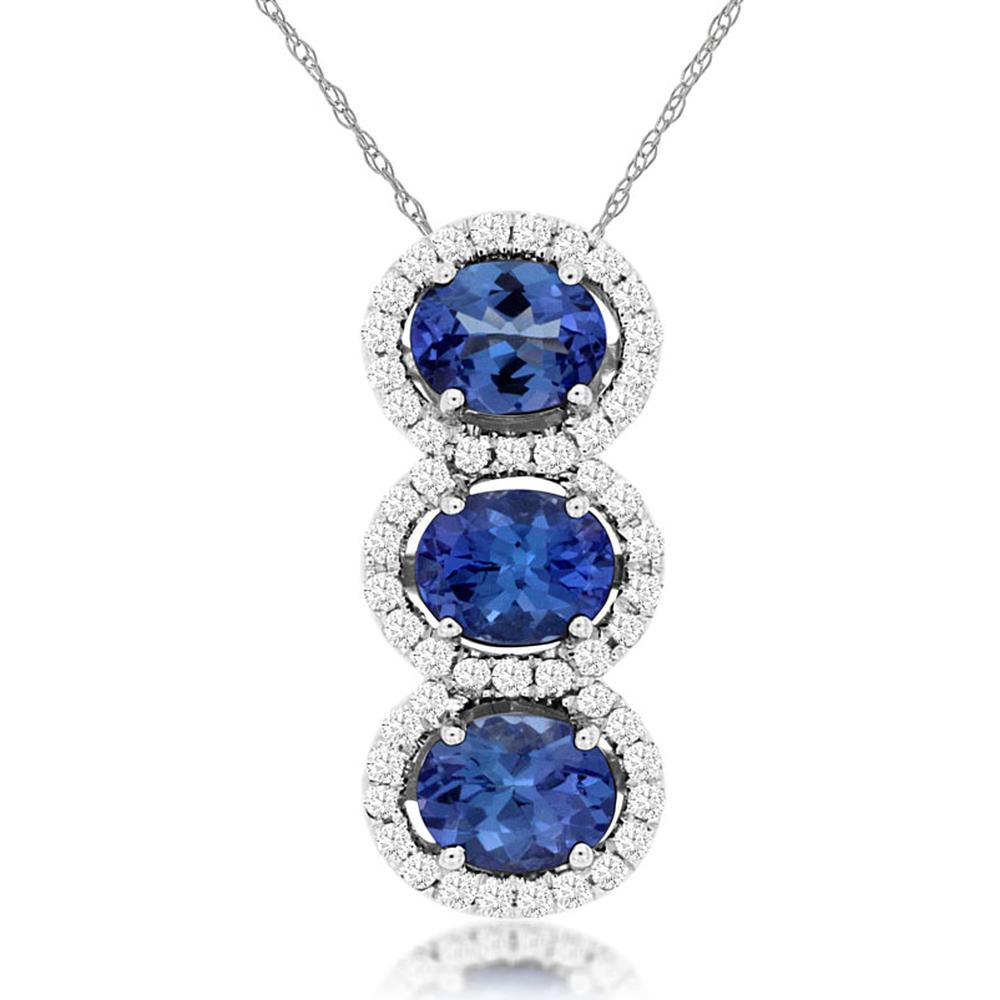 14K White Gold Oval Tanzanite Three Stone Pendant with Diamond Halos - 1.05 Carat Total Tanzanite Weight and 0.20 Carat Total Diamond Weight - Royal Jewelry