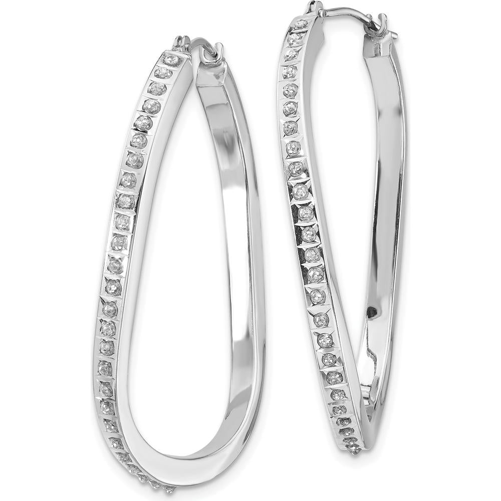 14K White Gold Oval Twist Hoop Earrings with Diamond Accents - 0.010 Carats Total Diamond Weight by Monteluci Fine Jewelry