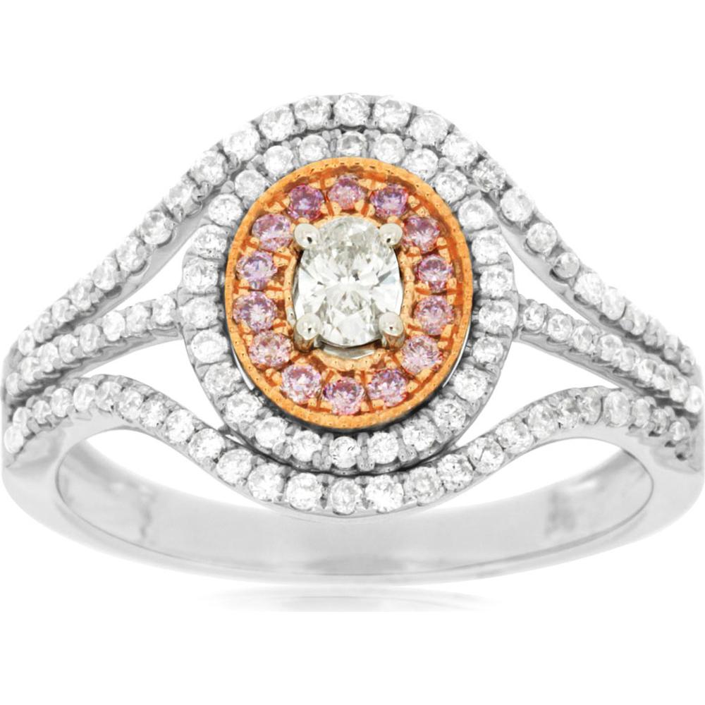 14K White Gold Oval White & Pink Diamond Halo Ring - 0.60 Carats Total Diamond Weight