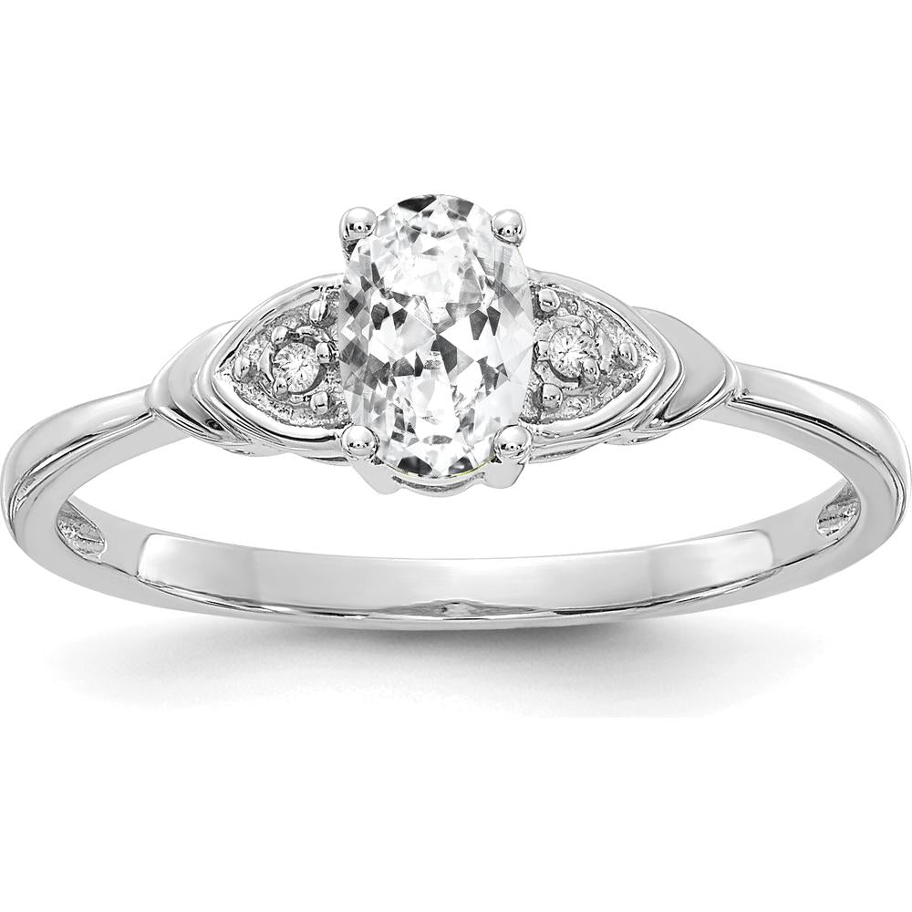 14K White Gold Oval White Topaz and Round Diamond Ring - 0.55 Carat Topaz, 0.01 Carat Diamonds by Oro Pregiato