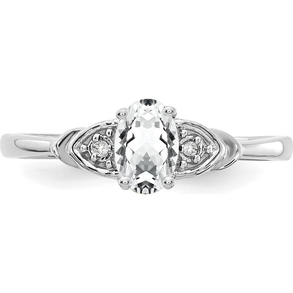 14K White Gold Oval White Topaz and Round Diamond Ring - 0.55 Carat Topaz, 0.01 Carat Diamonds by Oro Pregiato