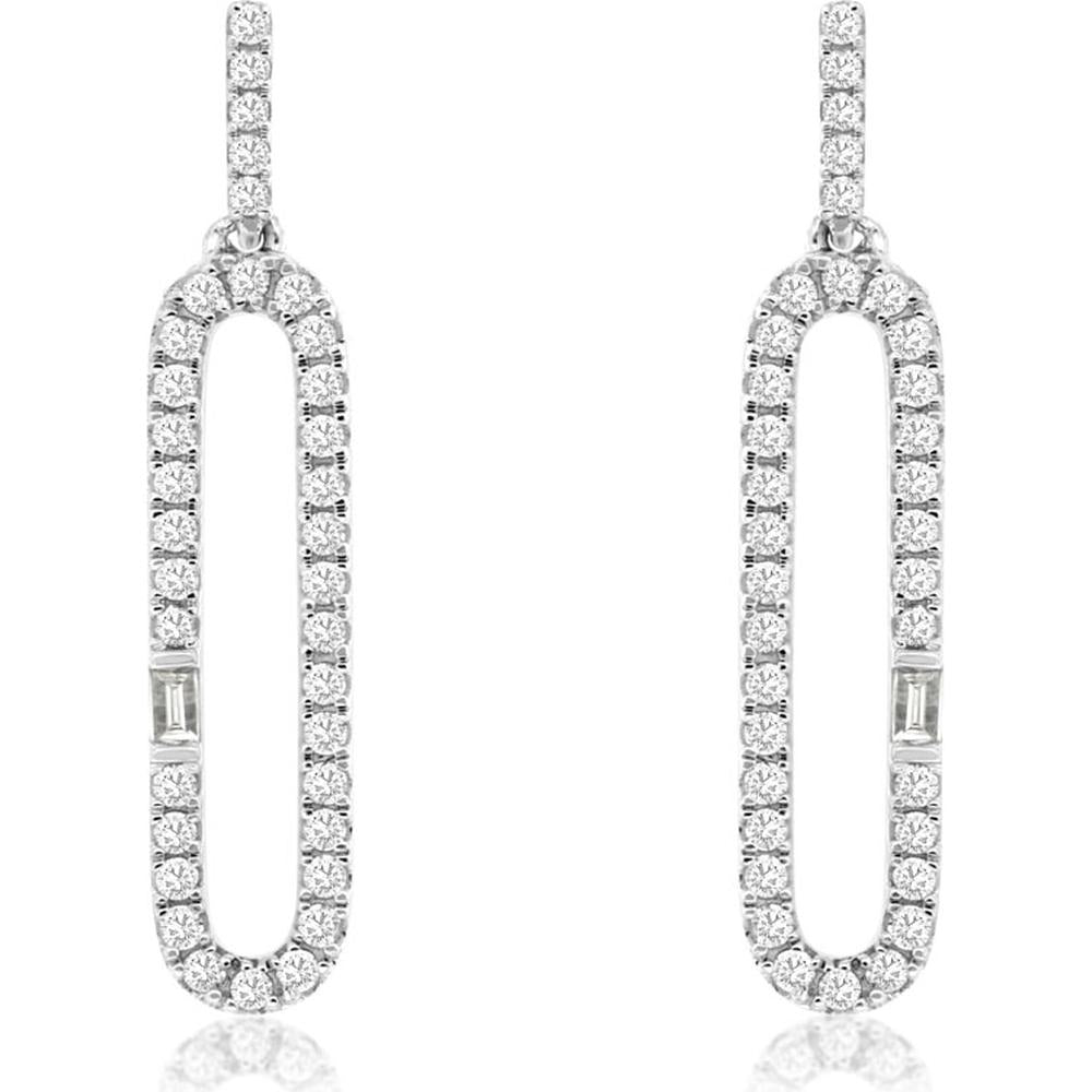 14K White Gold Paperclip Drop Earrings with Pavé Round and Baguette Diamonds - 0.50 Carat Total Diamond Weight - Royal Jewelry