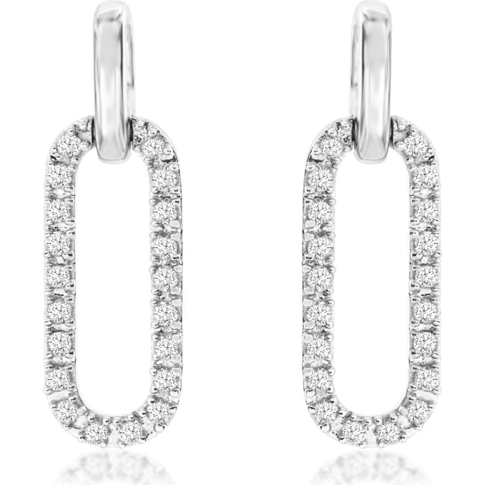 14K White Gold Paperclip Drop Earrings with Prong-Set Round Brilliant Diamonds - 0.20 Carat Total Diamond Weight - Royal Jewelry