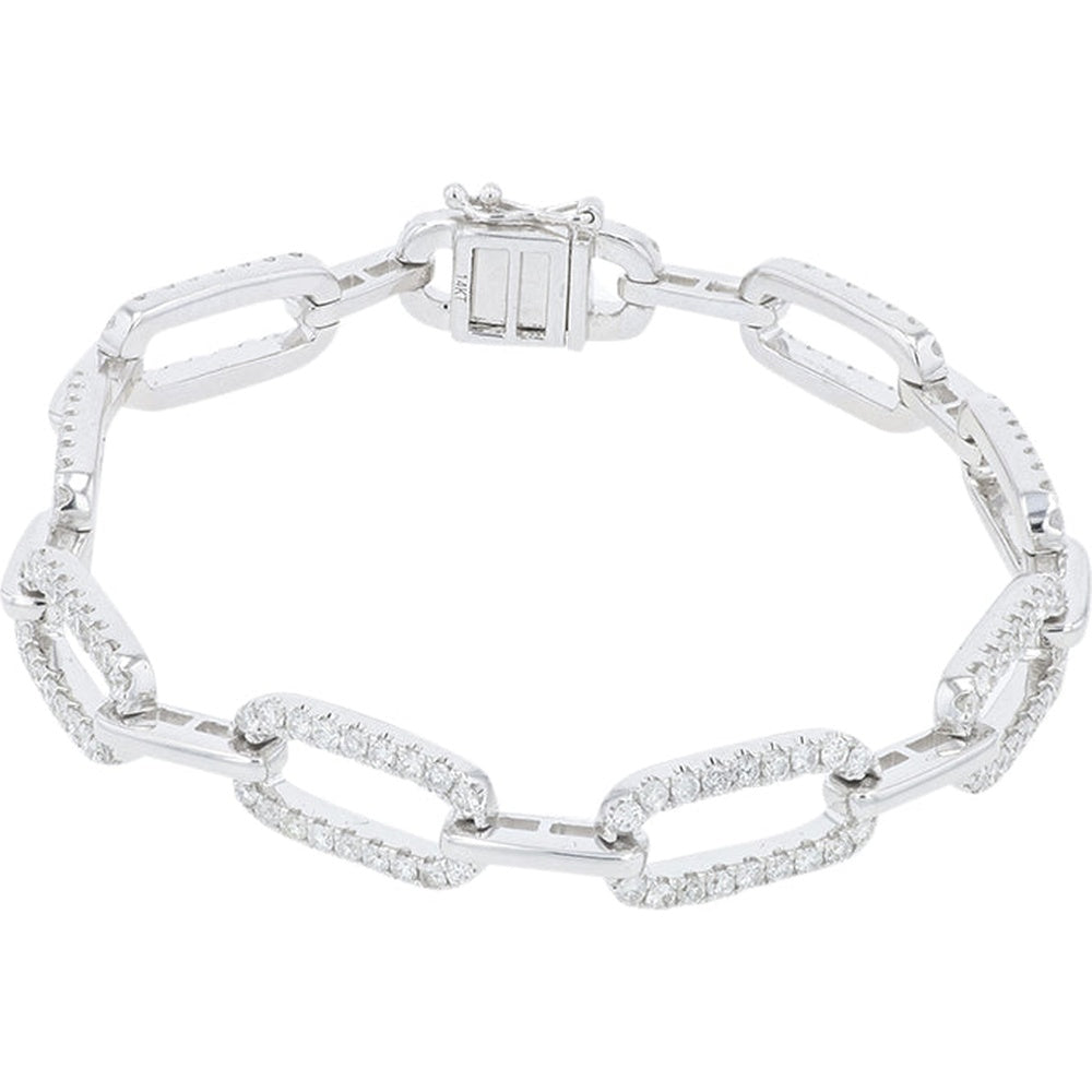 14K White Gold Paperclip Link Bracelet with Prong-Set Round Diamonds - 2.50 Carat Total Diamond Weight