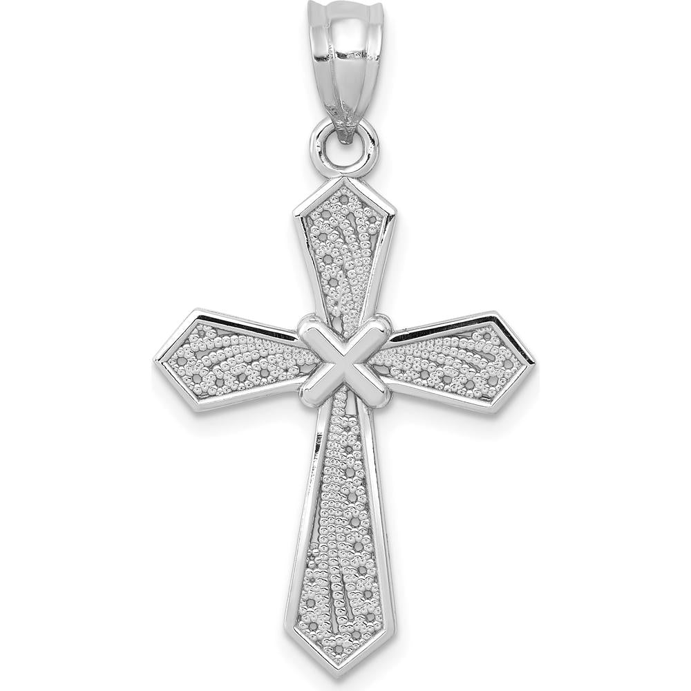 14K White Gold Passion Cross Pendant with Diamond-Cut Detailing and Rhodium Plating by Oro Pregiato