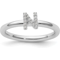 14K White Gold Pavé Diamond Initial N Ring with Rhodium Finish - Stackable Women's Fine Jewelry by 0