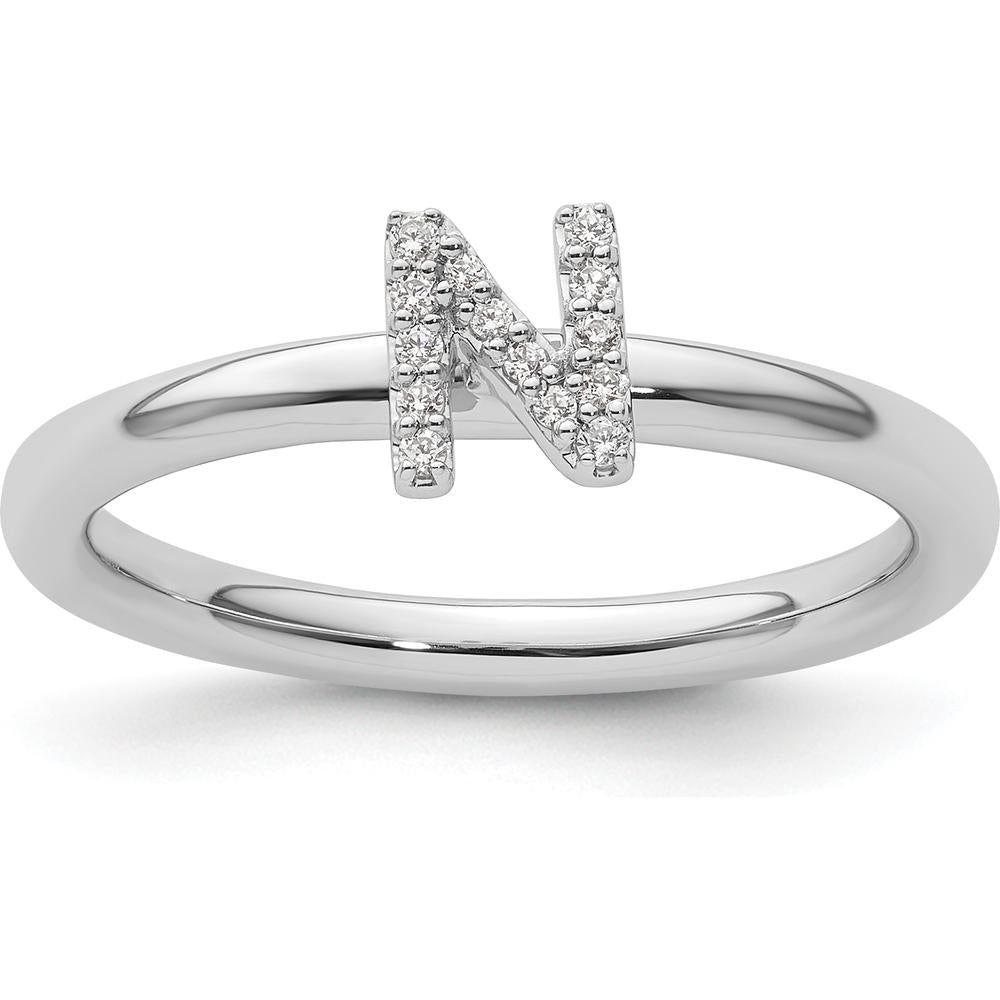 14K White Gold Pavé Diamond Initial N Ring with Rhodium Finish - Stackable Women's Fine Jewelry by 0
