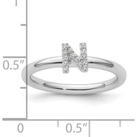 14K White Gold Pavé Diamond Initial N Ring with Rhodium Finish - Stackable Women's Fine Jewelry by 0