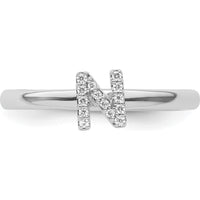 14K White Gold Pavé Diamond Initial N Ring with Rhodium Finish - Stackable Women's Fine Jewelry by 0