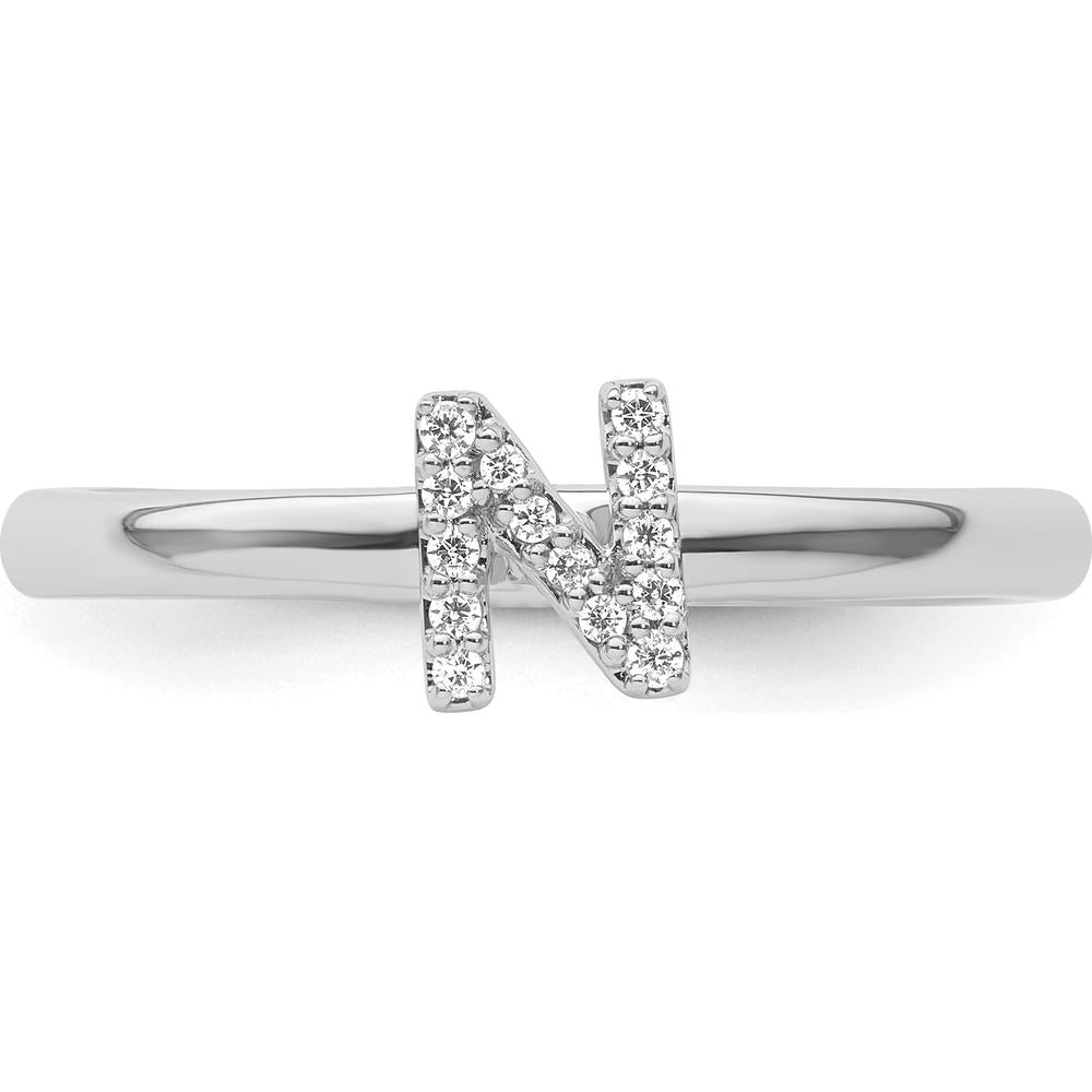 14K White Gold Pavé Diamond Initial N Ring with Rhodium Finish - Stackable Women's Fine Jewelry by 0