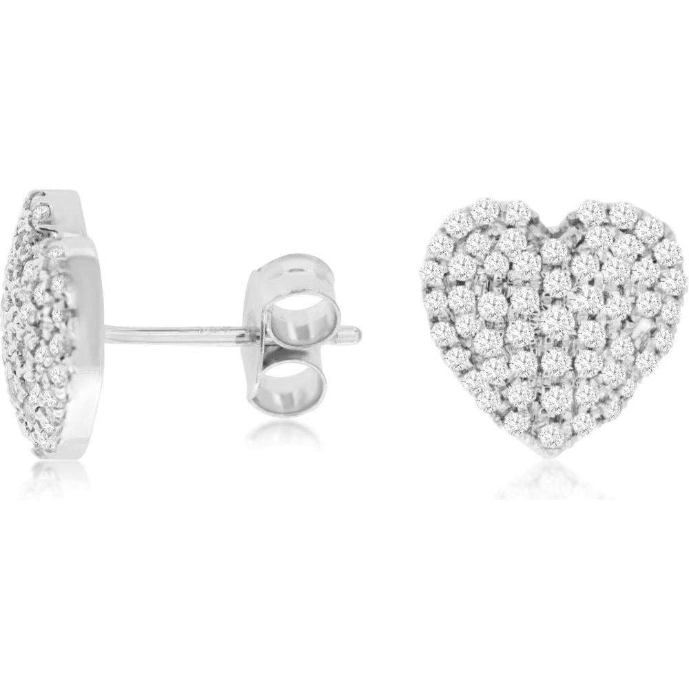 14K White Gold Pavé Heart Stud Earrings with Round Brilliant Diamonds - 0.65 Total Carat Weight - Royal Jewelry