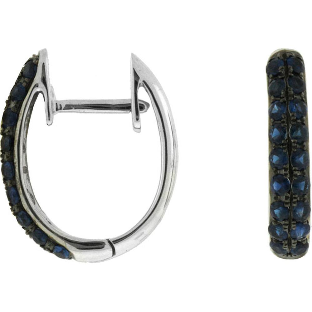 14K White Gold Pave Sapphire Hoop Earrings with Round Cut Blue Sapphires - 0.85 Carat Total Weight - Royal Jewelry