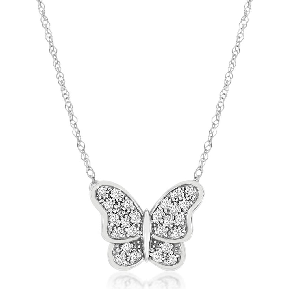 14K White Gold Pave-Set Diamond Butterfly Pendant Necklace with Round Brilliant Stones - 0.13 Carat Total Diamond Weight - Royal Jewelry