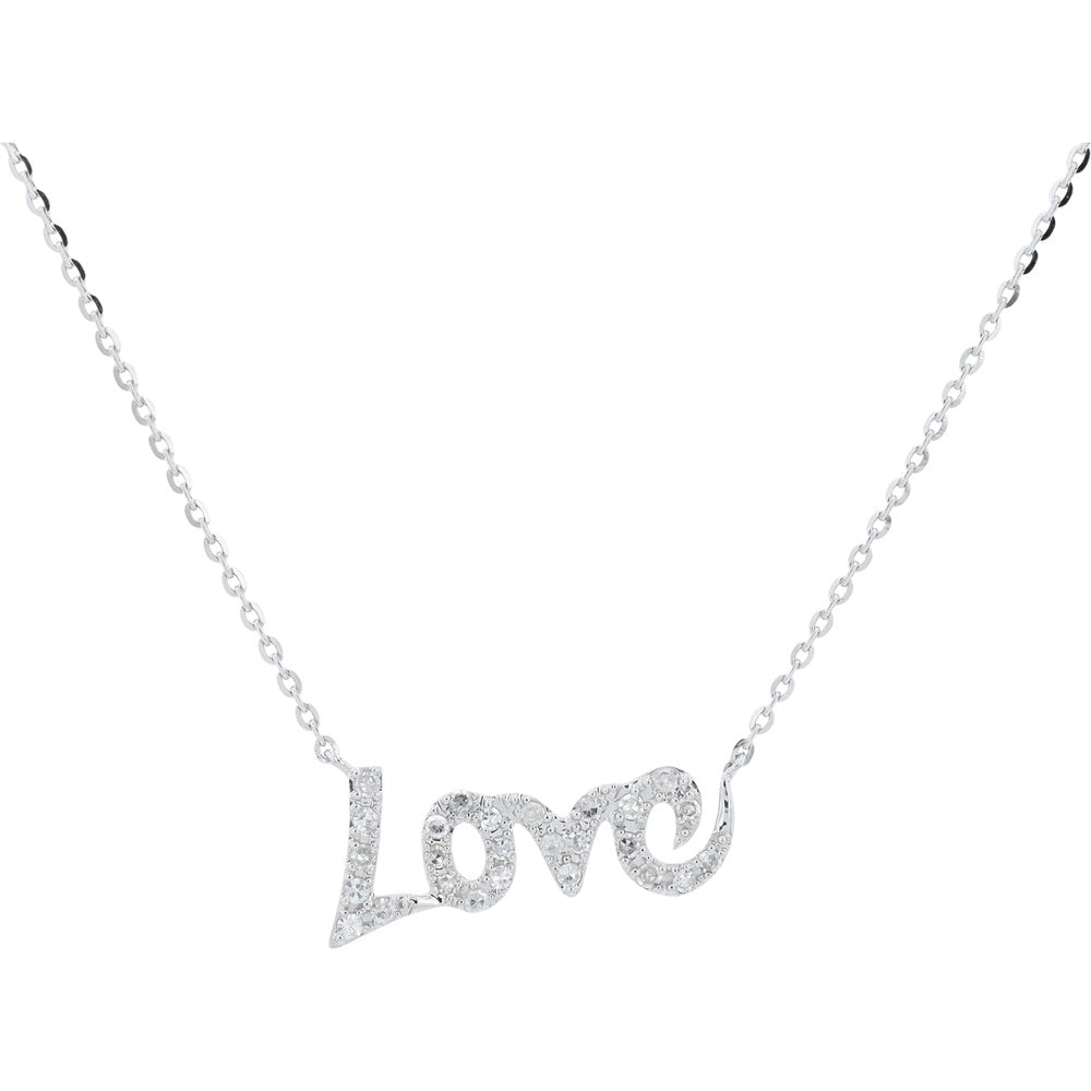 14K White Gold Pave-Set Diamond 'Love' Cursive Pendant Necklace - 0.12 Carat Total Diamond Weight
