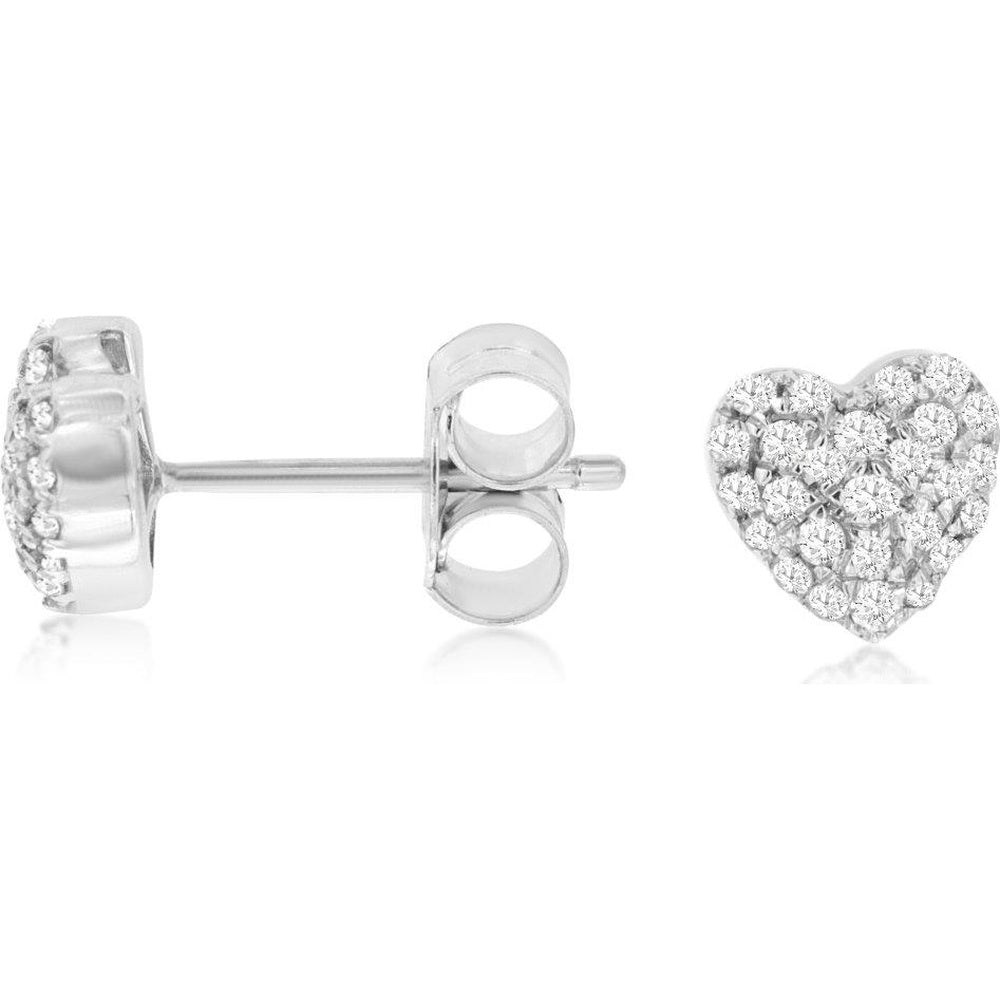 14K White Gold Pavé Set Heart Stud Earrings with Round Diamonds - 0.25 Carat Total Diamond Weight - Royal Jewelry