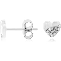 14K White Gold Pavé-Set Round Diamond Heart Stud Earrings - 0.09 Carat Total Diamond Weight - Royal Jewelry