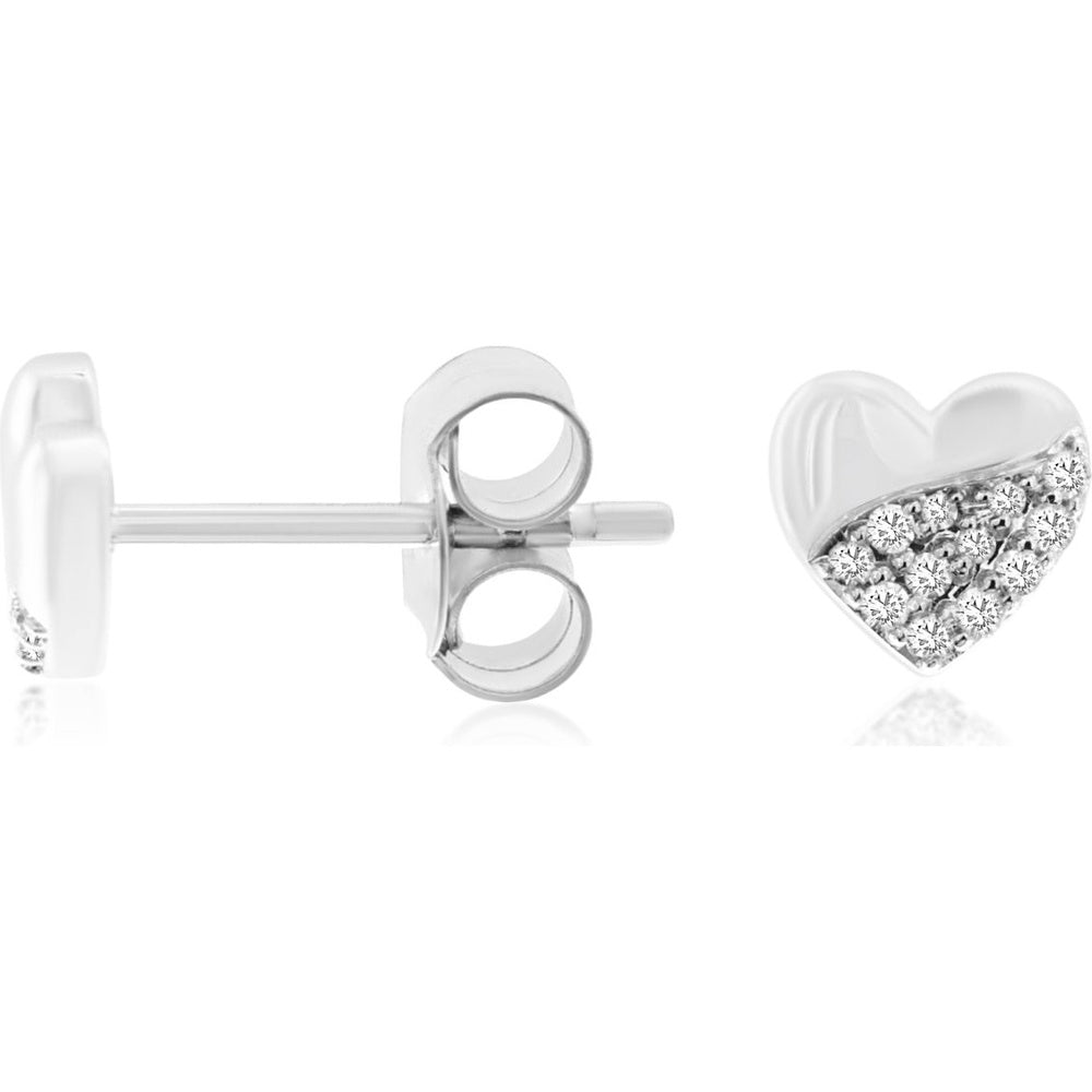 14K White Gold Pavé-Set Round Diamond Heart Stud Earrings - 0.09 Carat Total Diamond Weight - Royal Jewelry