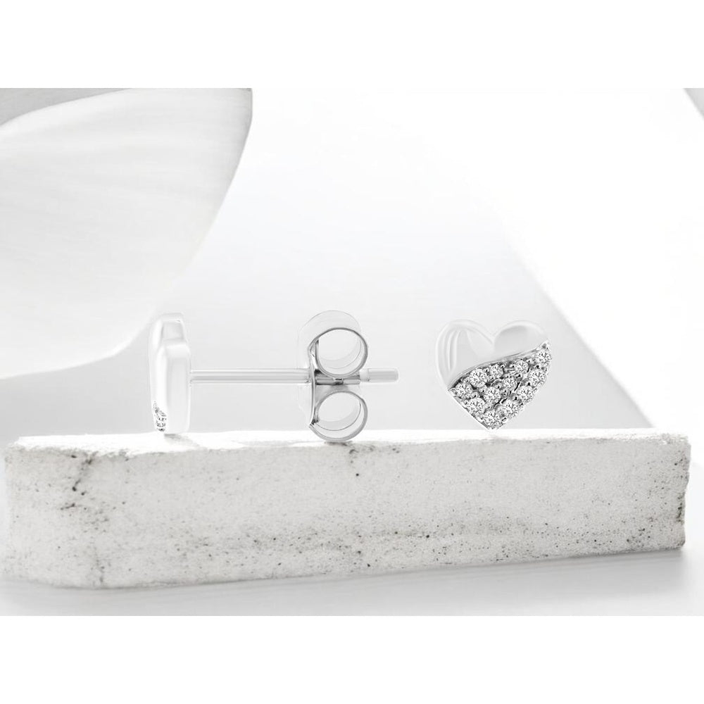 14K White Gold Pavé-Set Round Diamond Heart Stud Earrings - 0.09 Carat Total Diamond Weight - Royal Jewelry