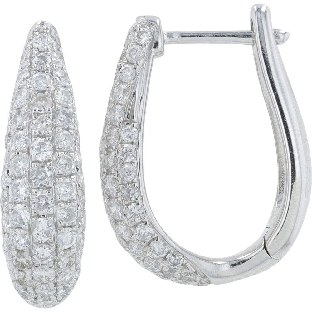 14K White Gold Pave-Set Round Diamond Hoop Earrings with Hinge and Snap-Back Closure - 1.10 Carat Total Diamond Weight