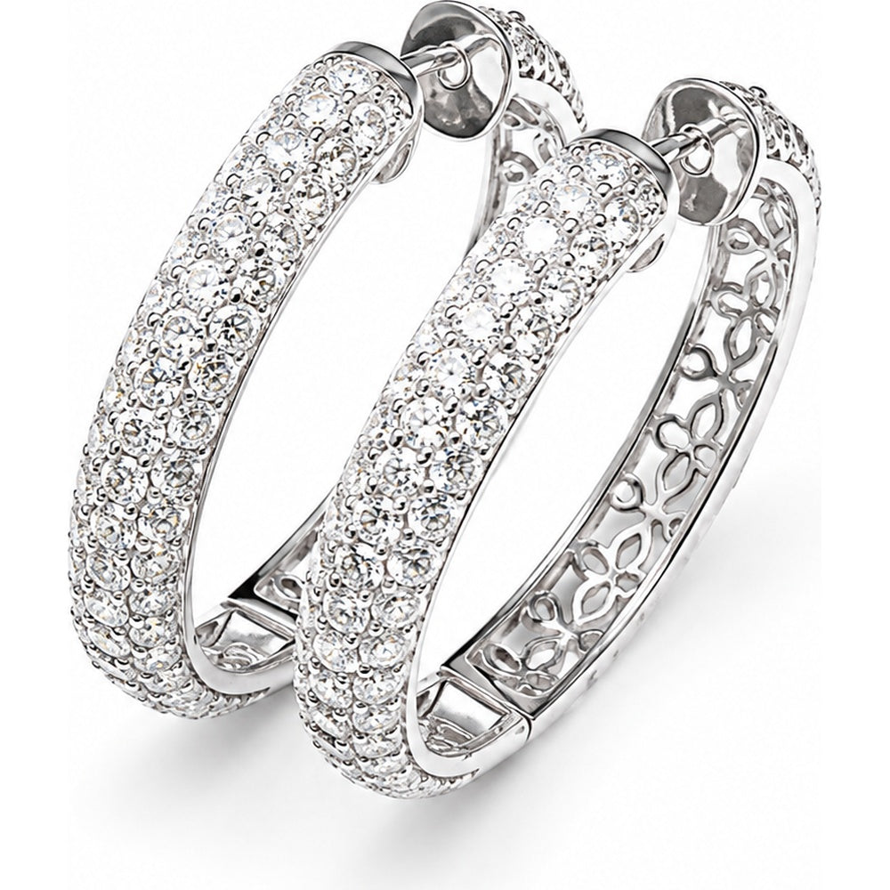 14K White Gold Pavé-Set Round Diamond Hoop Earrings with Openwork Floral Detail - 4.14 Carat Total Diamond Weight by Auriventus
