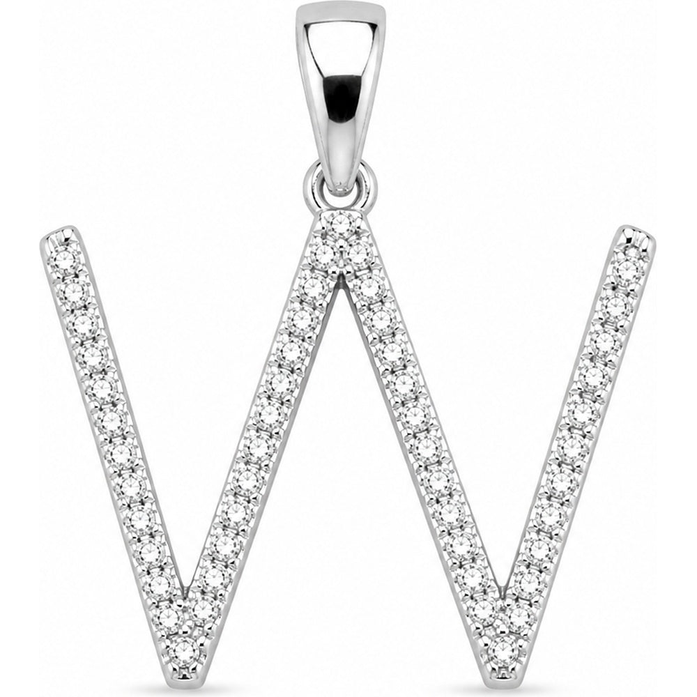 14K White Gold Pavé Set Round Diamond Initial "W" Pendant - 0.32 Carat Total Diamond Weight by Auriventus