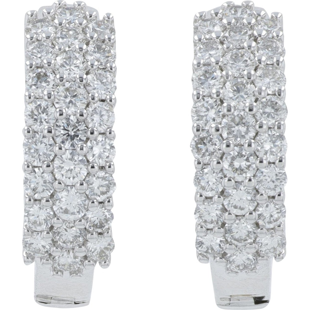14K White Gold Pavé-Set Round Diamond Medium Hoop Earrings - 1.00 Carat Total Diamond Weight