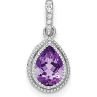 14K White Gold Pear Amethyst and Round Diamond Pendant with Beaded Edge - 1.12 Carat Total Gem Weight by Lumare Gioia