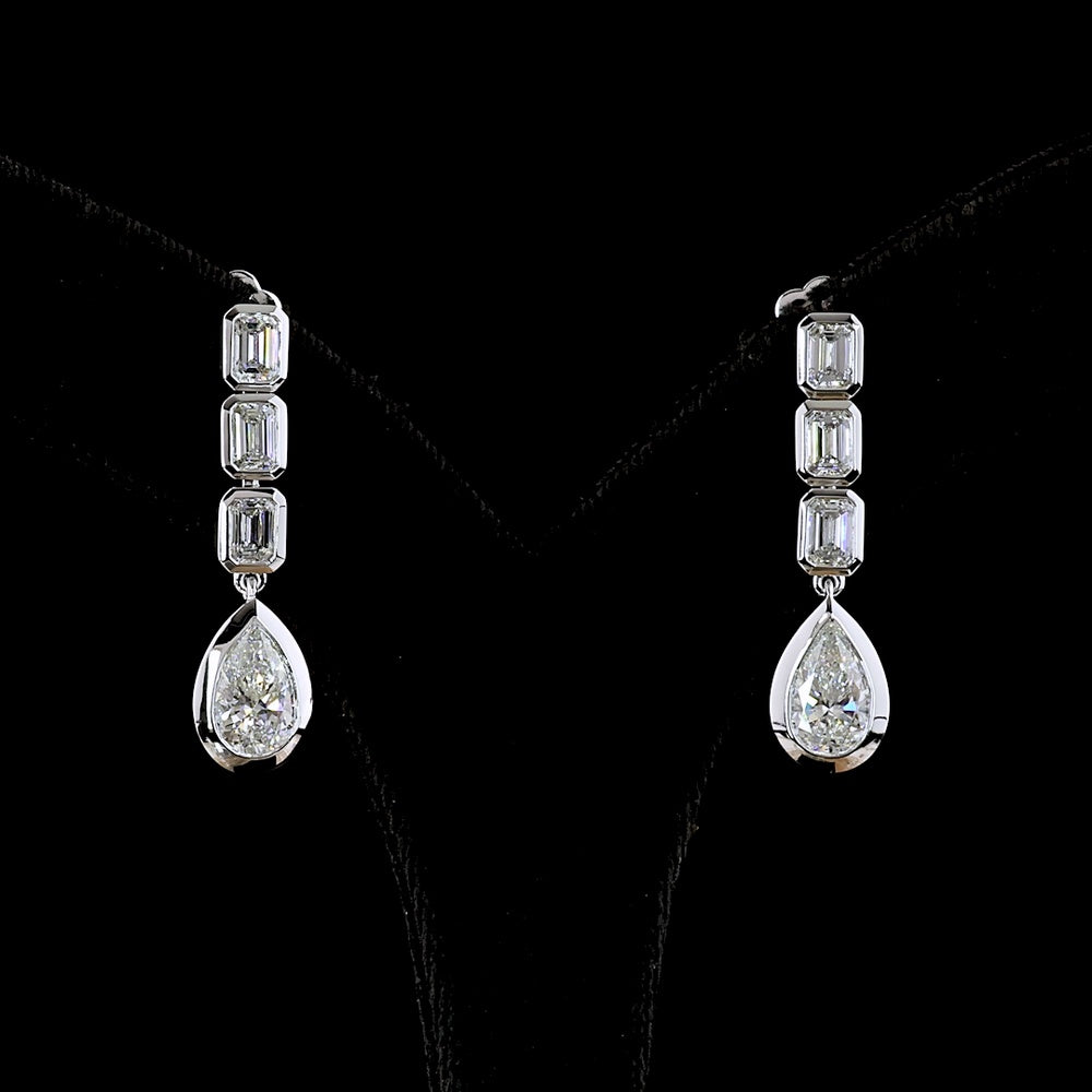 14K White Gold Pear and Emerald Cut Lab Diamond Drop Earrings with Bezel Setting - 5.09 Carats Total Diamond Weight - Covaloro Fine Jewelry