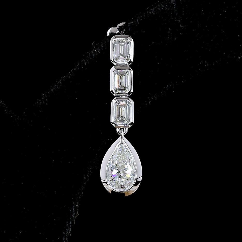 14K White Gold Pear and Emerald Cut Lab Diamond Drop Earrings with Bezel Setting - 5.09 Carats Total Diamond Weight - Covaloro Fine Jewelry