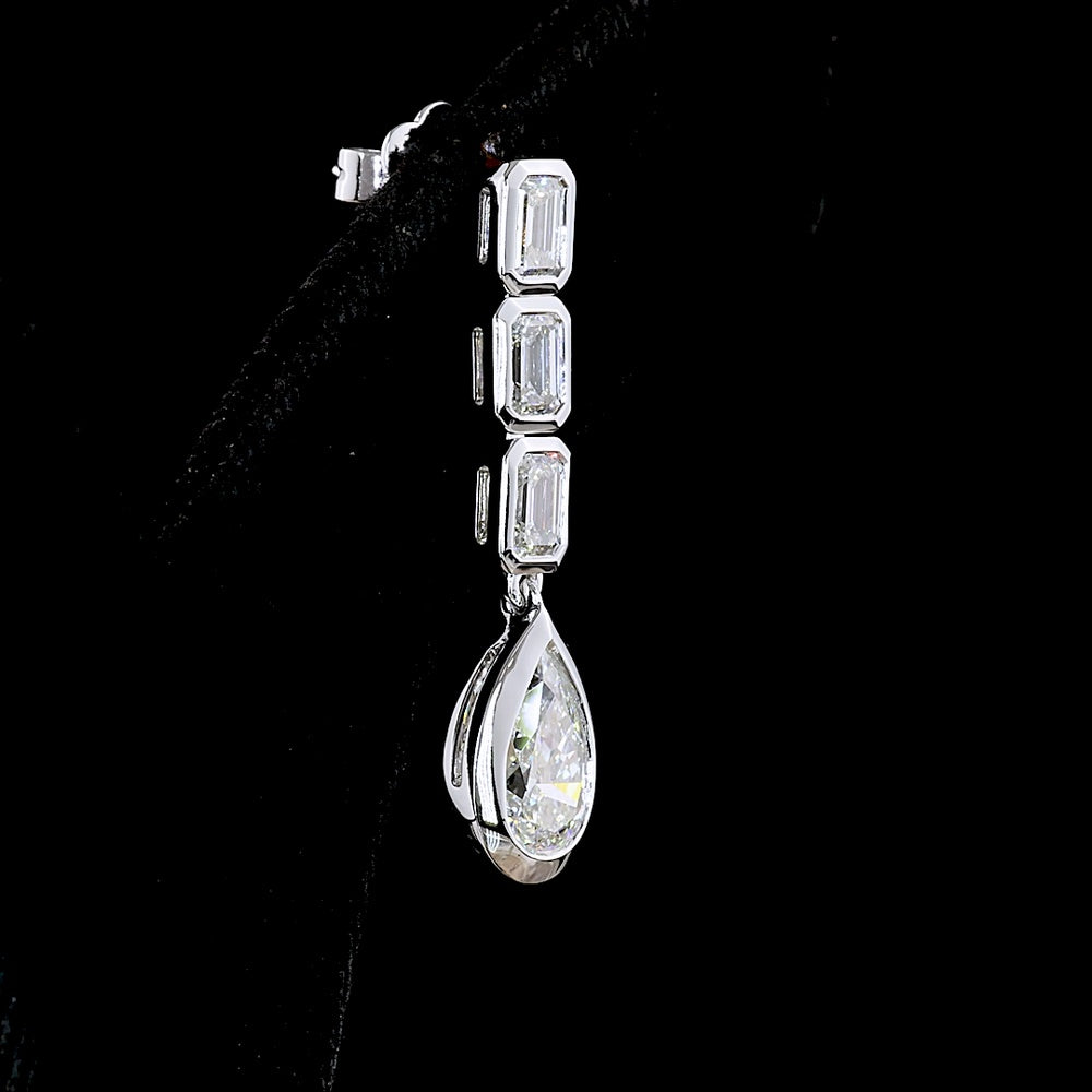 14K White Gold Pear and Emerald Cut Lab Diamond Drop Earrings with Bezel Setting - 5.09 Carats Total Diamond Weight - Covaloro Fine Jewelry