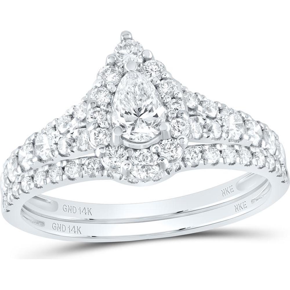 14K White Gold Pear and Round Diamond Halo Bridal Wedding Ring Set - 1.50 Carat Total Diamond Weight