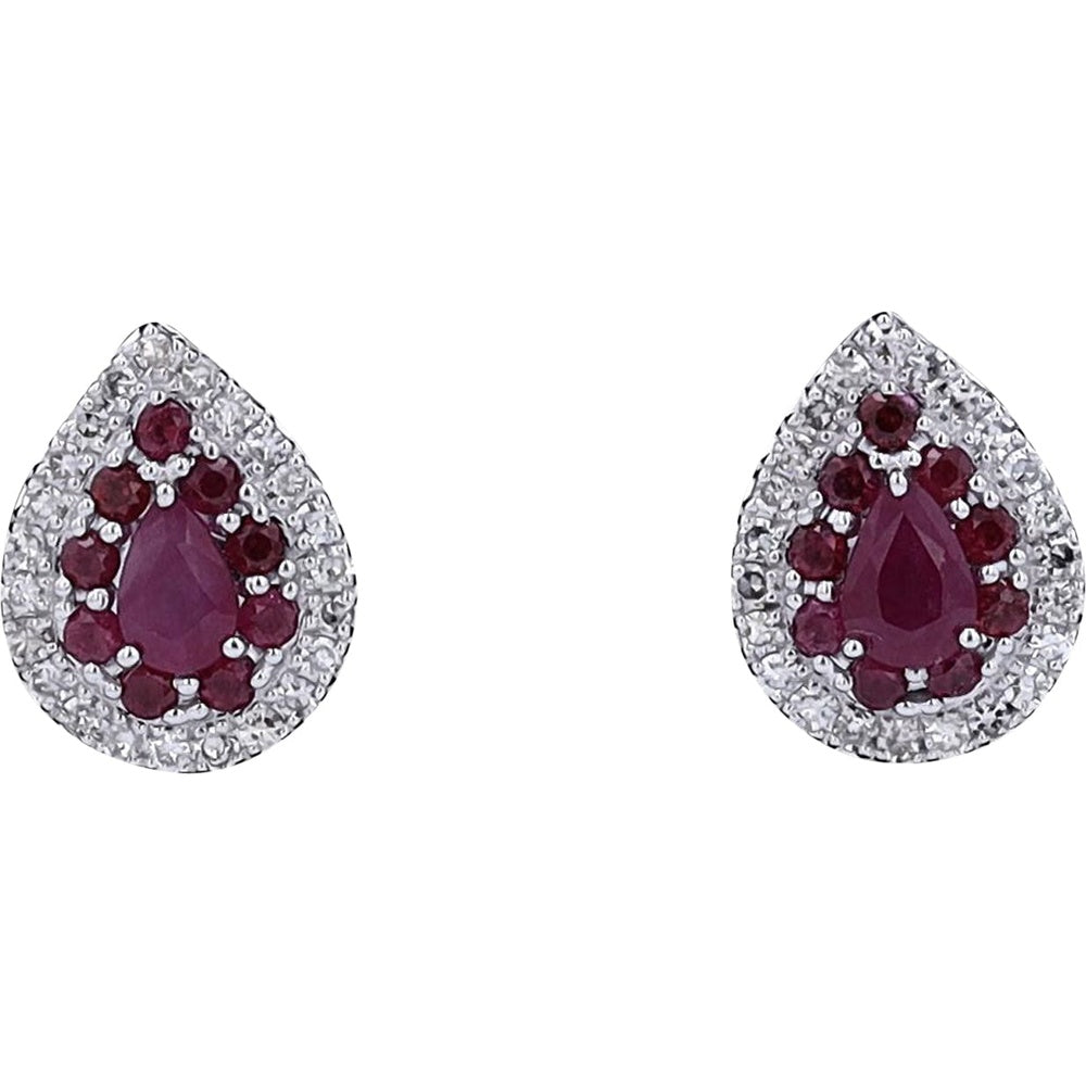 14K White Gold Pear Cluster Stud Earrings with Halo Set Rubies and Pavé Diamonds - 0.65 Carat Total Ruby Weight and 0.20 Carat Total Diamond Weight