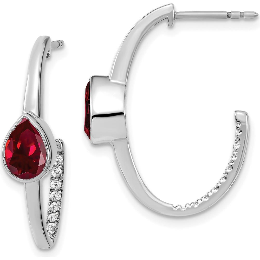 14K White Gold Pear Created Ruby and Diamond J-Hoop Earrings - 0.75 Carat Total Ruby Weight, 0.18 Carat Total Diamond Weight by Monteluci Fine Jewelry