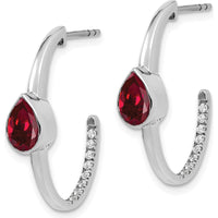 14K White Gold Pear Created Ruby and Diamond J-Hoop Earrings - 0.75 Carat Total Ruby Weight, 0.18 Carat Total Diamond Weight by Monteluci Fine Jewelry