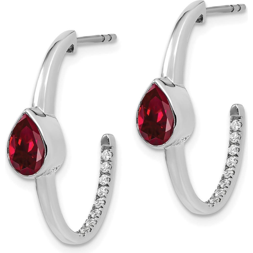 14K White Gold Pear Created Ruby and Diamond J-Hoop Earrings - 0.75 Carat Total Ruby Weight, 0.18 Carat Total Diamond Weight by Monteluci Fine Jewelry