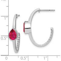 14K White Gold Pear Created Ruby and Diamond J-Hoop Earrings - 0.75 Carat Total Ruby Weight, 0.18 Carat Total Diamond Weight by Monteluci Fine Jewelry