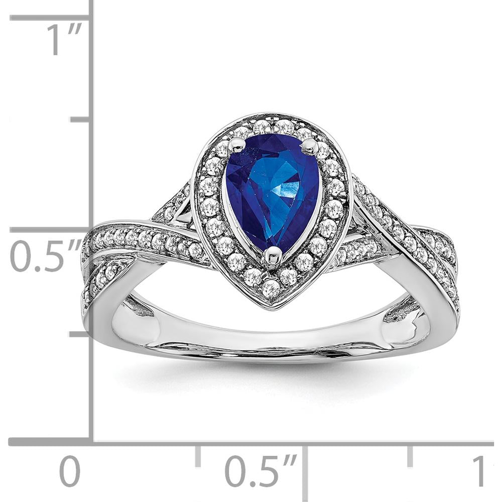 14K White Gold Pear Created Sapphire and Diamond Halo Ring - 0.74 Carat Sapphire, 0.037 Carat Total Diamond Weight by 0