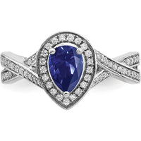 14K White Gold Pear Created Sapphire and Diamond Halo Ring - 0.74 Carat Sapphire, 0.037 Carat Total Diamond Weight by 0