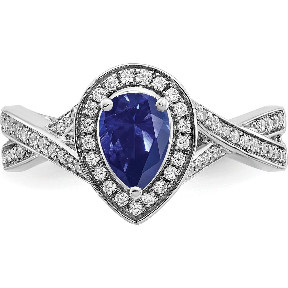 14K White Gold Pear Created Sapphire and Diamond Halo Ring - 0.74 Carat Sapphire, 0.037 Carat Total Diamond Weight by 0